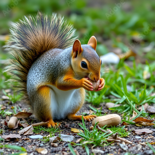 A squirrel munching on a peanut on the ground photo