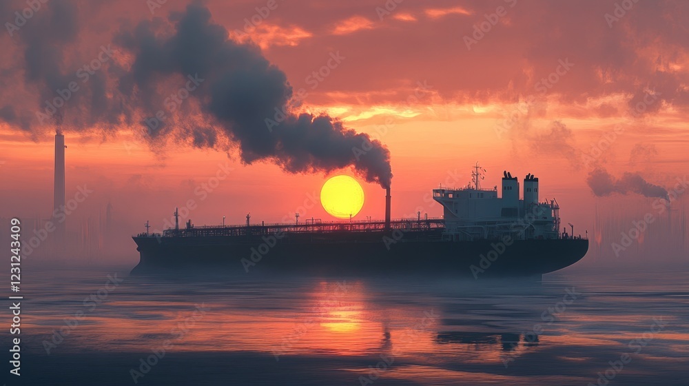 A striking silhouette of an industrial ship against a vibrant sunset, highlighted by smoke and mist. This scene captures the essence of maritime transport and nature's beauty. A striking silhouette of an industrial ship against a vibrant sunset, highlighted by smoke and mist. This scene captures the essence of maritime transport and nature's beauty.