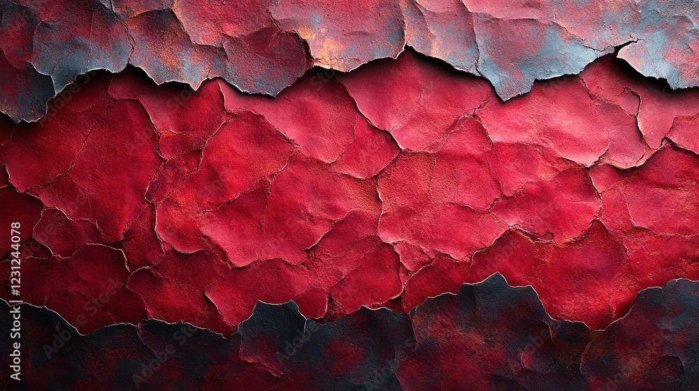 Abstract textured surface with cracked red and dark layers, evoking a sense of depth. Abstract textured surface with cracked red and dark layers, evoking a sense of depth.