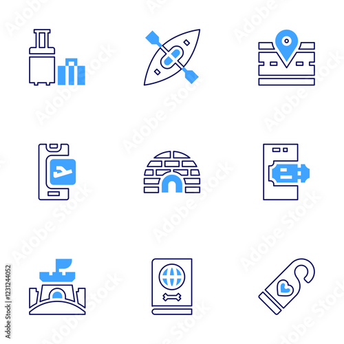 Travel icon set. Bold line style. Duotone colors. Editable stroke. road, igloo, kayak, luggage, online booking, passport, ticket, sand castle, doorknob