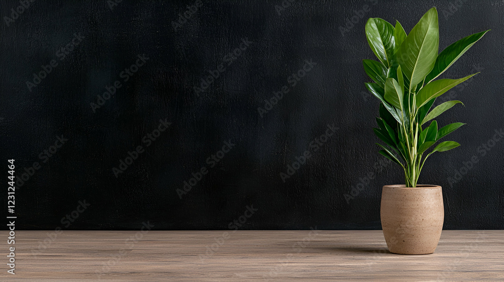 Plant in pot on wooden desk, dark background, office interior