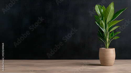 Obraz na płótnie Plant in pot on wooden desk, dark background, office interior w salonie