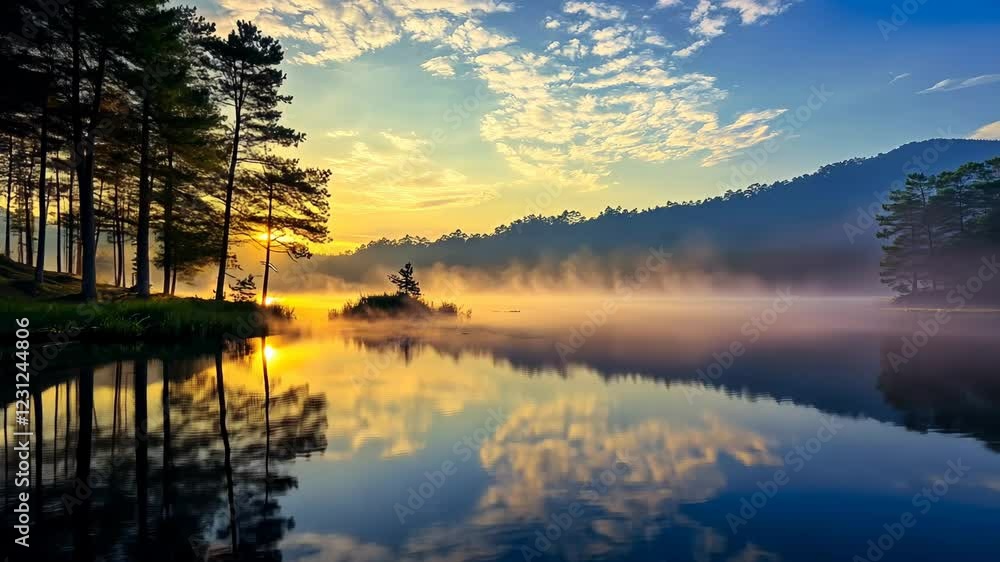 Sunrise over a serene lake, mist rising from the water, reflecting the golden light on the still surface, with tall trees lining the shore. Sunrise over a serene lake, mist rising from the water, reflecting the golden light on the still surface, with tall trees lining the shore.