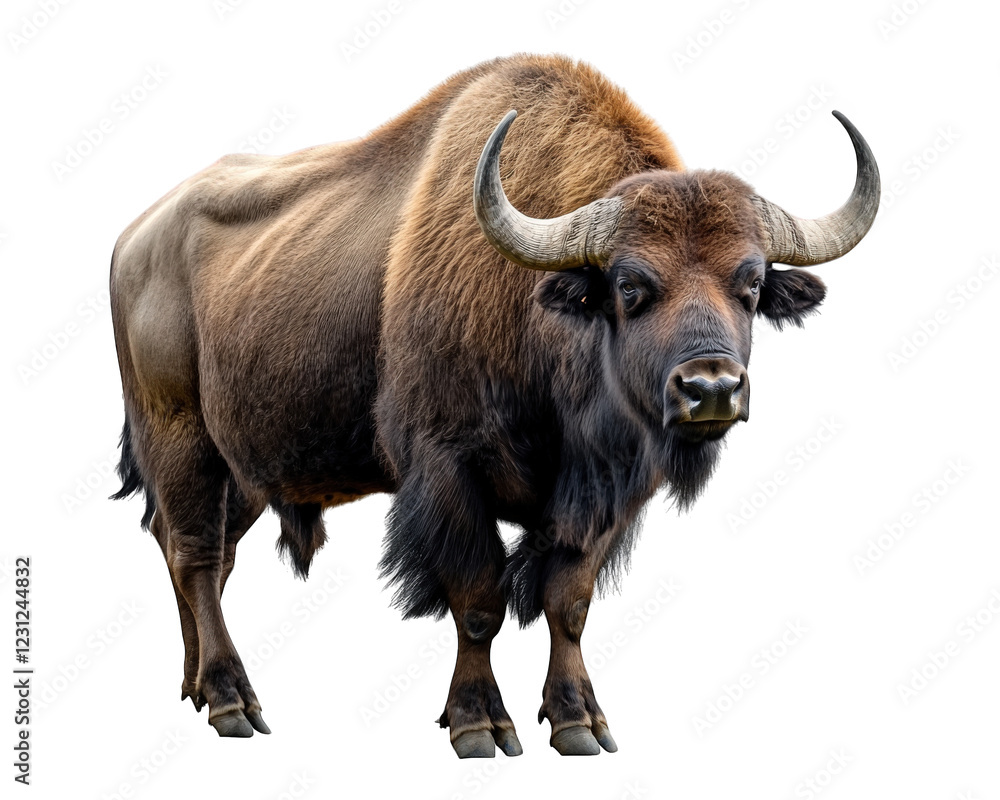 realistic depiction of bison standing on transparent background, showcasing its powerful build and distinctive horns. image captures essence of this majestic animal realistic depiction of bison standing on transparent background, showcasing its powerful build and distinctive horns. image captures essence of this majestic animal