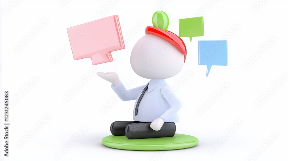 White 3D Character Presenting Pink Speech Bubble with Blue and Green Bubbles on White Background White 3D Character Presenting Pink Speech Bubble with Blue and Green Bubbles on White Background
