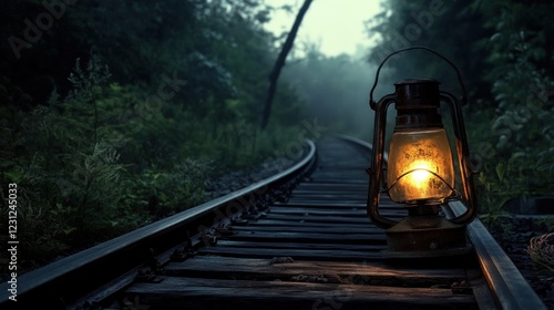 Illuminated lantern on misty railroad tracks in dark forest.