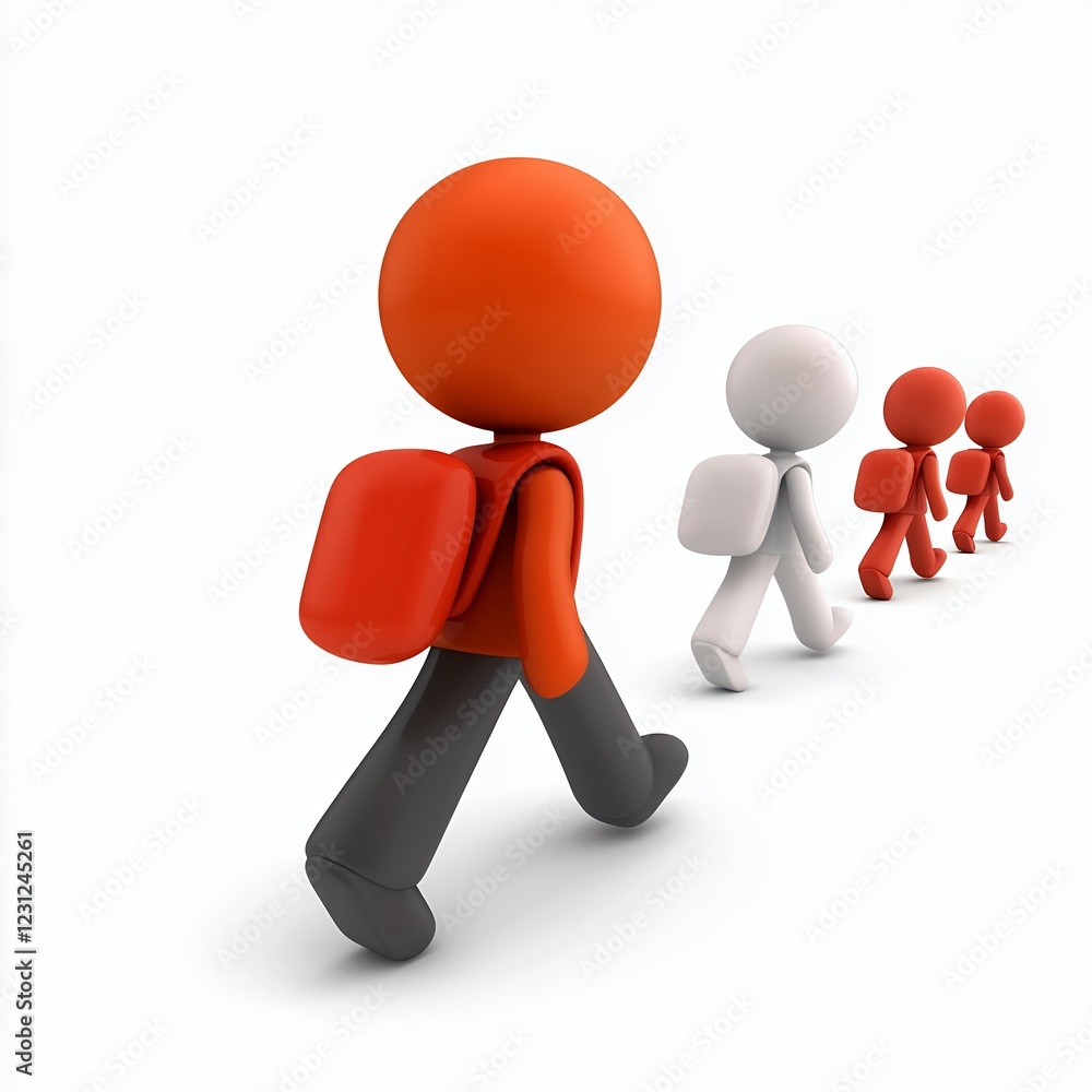 Orange and White 3D Figures Walking in Line Against White Background Orange and White 3D Figures Walking in Line Against White Background