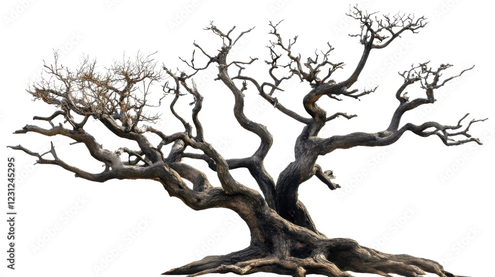 Fototapeta premium Gnarled weathered tree standing tall on transparent background
