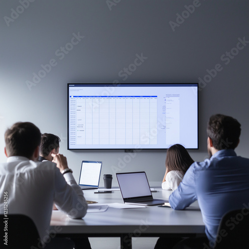 A group of people are sitting around a table in front of a large monitor