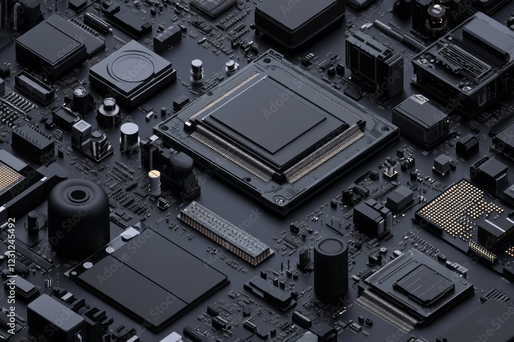 Fototapeta premium Close-up of a detailed circuit board featuring microchips and electronic components, showcasing advanced technology.