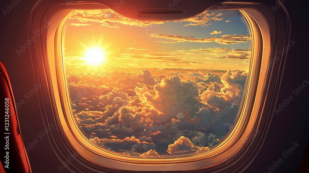 Sunset Cloudscape: A Breathtaking Airplane View. Golden Hour Flight Above the Clouds. Journey, Travel, Nature Photography Sunset Cloudscape: A Breathtaking Airplane View. Golden Hour Flight Above the Clouds. Journey, Travel, Nature Photography