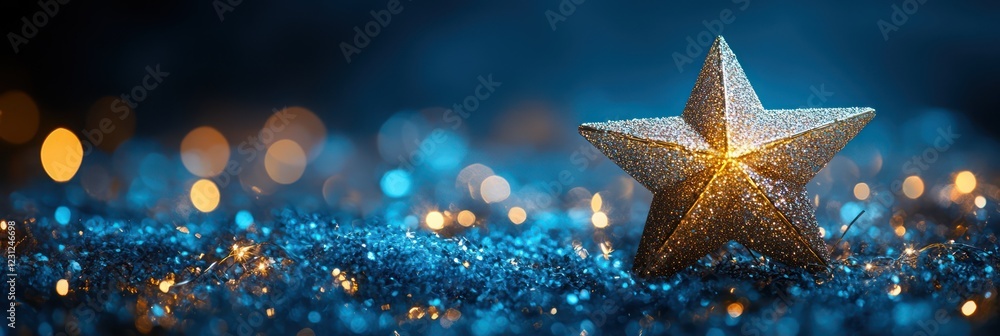 A Sparkling Star on a Blue Glittery Background, Christmas Festive Decoration A Sparkling Star on a Blue Glittery Background, Christmas Festive Decoration