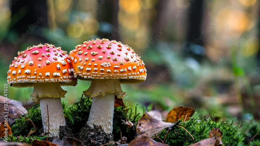 Two vibrant red toadstools with white spots emerge from lush green moss in a forest setting. Two vibrant red toadstools with white spots emerge from lush green moss in a forest setting.