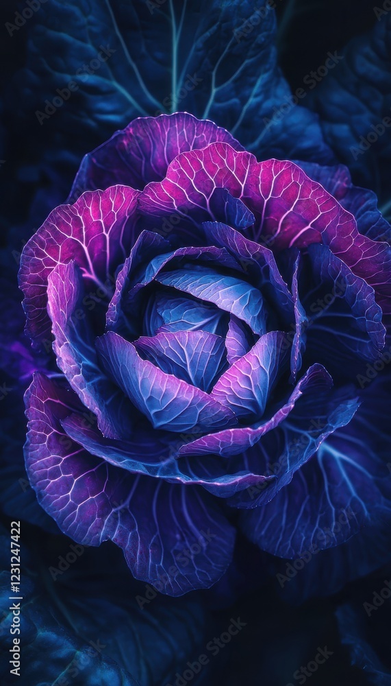 Obraz premium Vibrant purple cabbage, close-up view showcasing intricate leaf details and rich color variations.