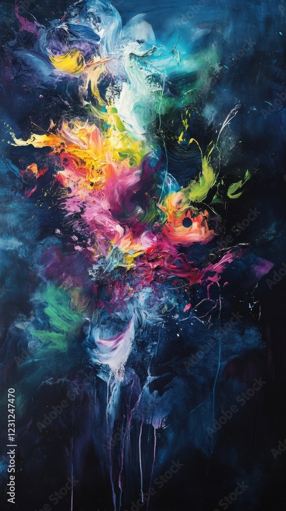 Fototapeta premium A painting of a flower with many colors. The painting is blue and has a lot of paint splatters