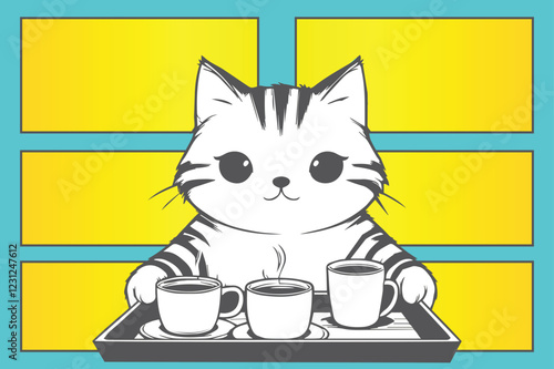 Adorable Cartoon Cat Serving Hot Coffee on a Tray with a Bright Background