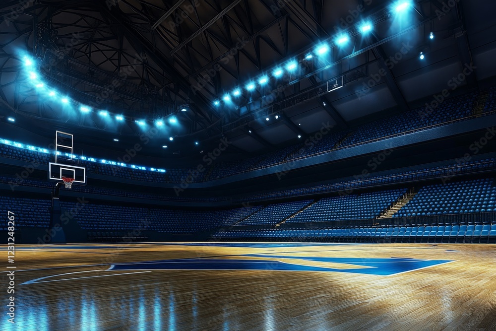 Empty Basketball Court Under Bright Lights in a Modern Stadium