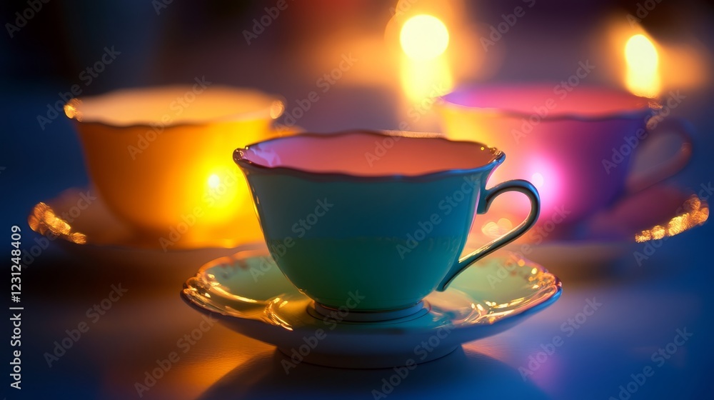 Fototapeta premium Three cups with different colors and a white saucer. The cups are lit up with a light