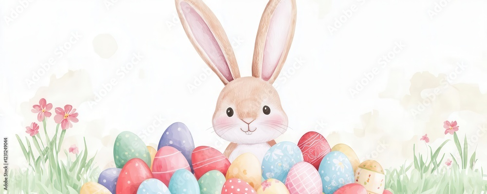 Obraz premium Cute bunny surrounded by colorful Easter eggs in a garden.