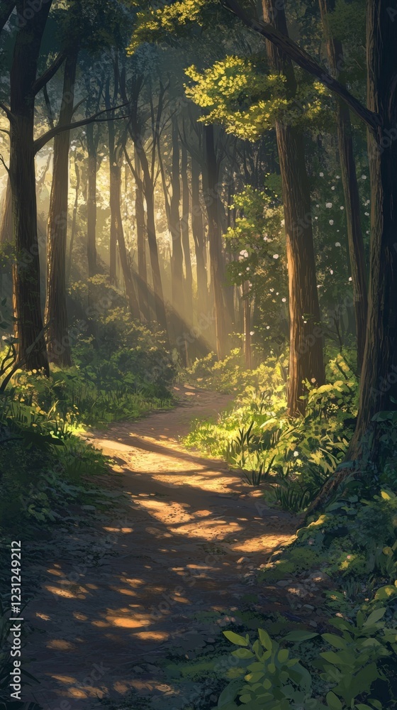 Obraz premium Sunlit Forest Path: A Journey Through Enchanting Woods. Discover the magic of nature in this breathtaking landscape photography. Explore a tranquil trail bathed in sunlight.