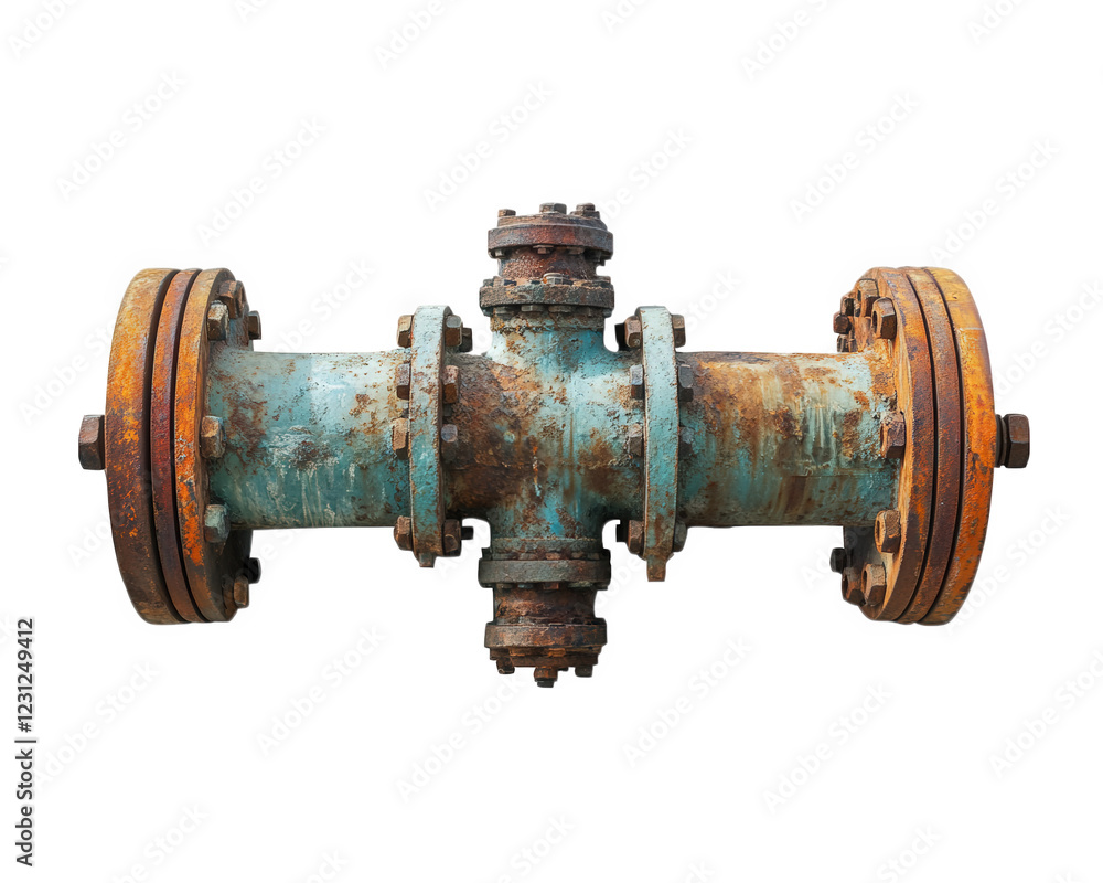 Rusty industrial pipe with flanges and corrosion, isolated on transparency background, showcasing weathered metal and industrial design Rusty industrial pipe with flanges and corrosion, isolated on transparency background, showcasing weathered metal and industrial design