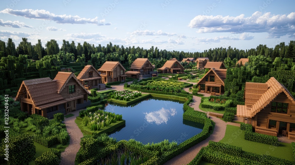 Serene Rural Landscape with Wooden Houses and Tranquil Pond