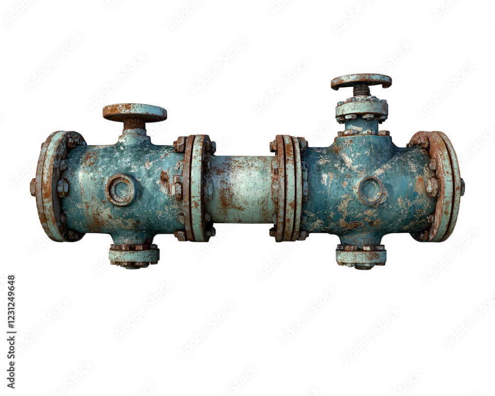 Rusty industrial pipe with valves, showcasing weathered blue paint and corrosion. This object represents vintage machinery and industrial design Rusty industrial pipe with valves, showcasing weathered blue paint and corrosion. This object represents vintage machinery and industrial design