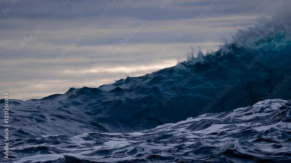 A powerful ocean wave crashes with intense force, its translucent blue water curling dramatically under a moody cloudy sky. A powerful ocean wave crashes with intense force, its translucent blue water curling dramatically under a moody cloudy sky.