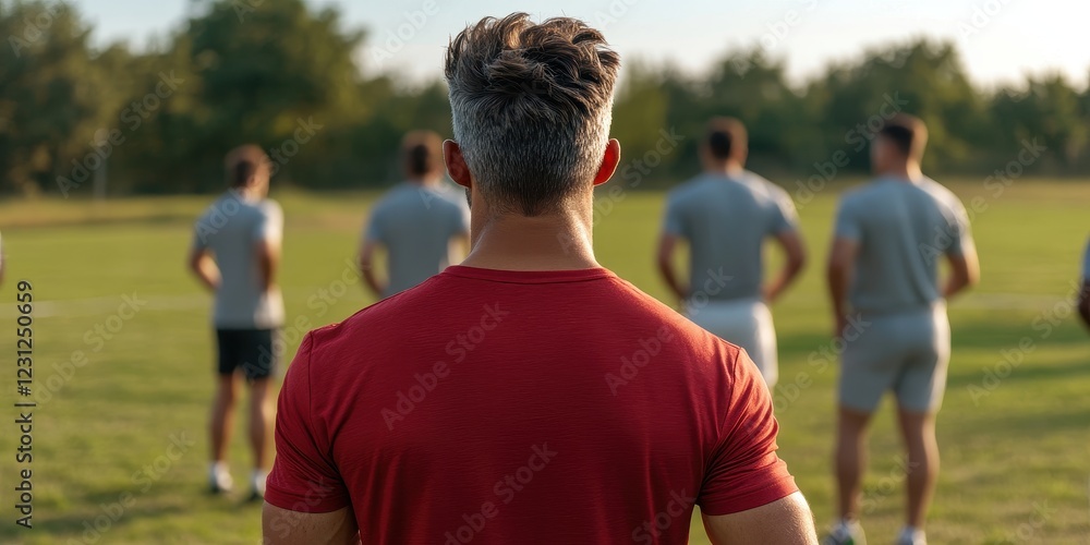 leadership development concept. Coach observes athletes during practice on a sunny day. leadership development concept. Coach observes athletes during practice on a sunny day.
