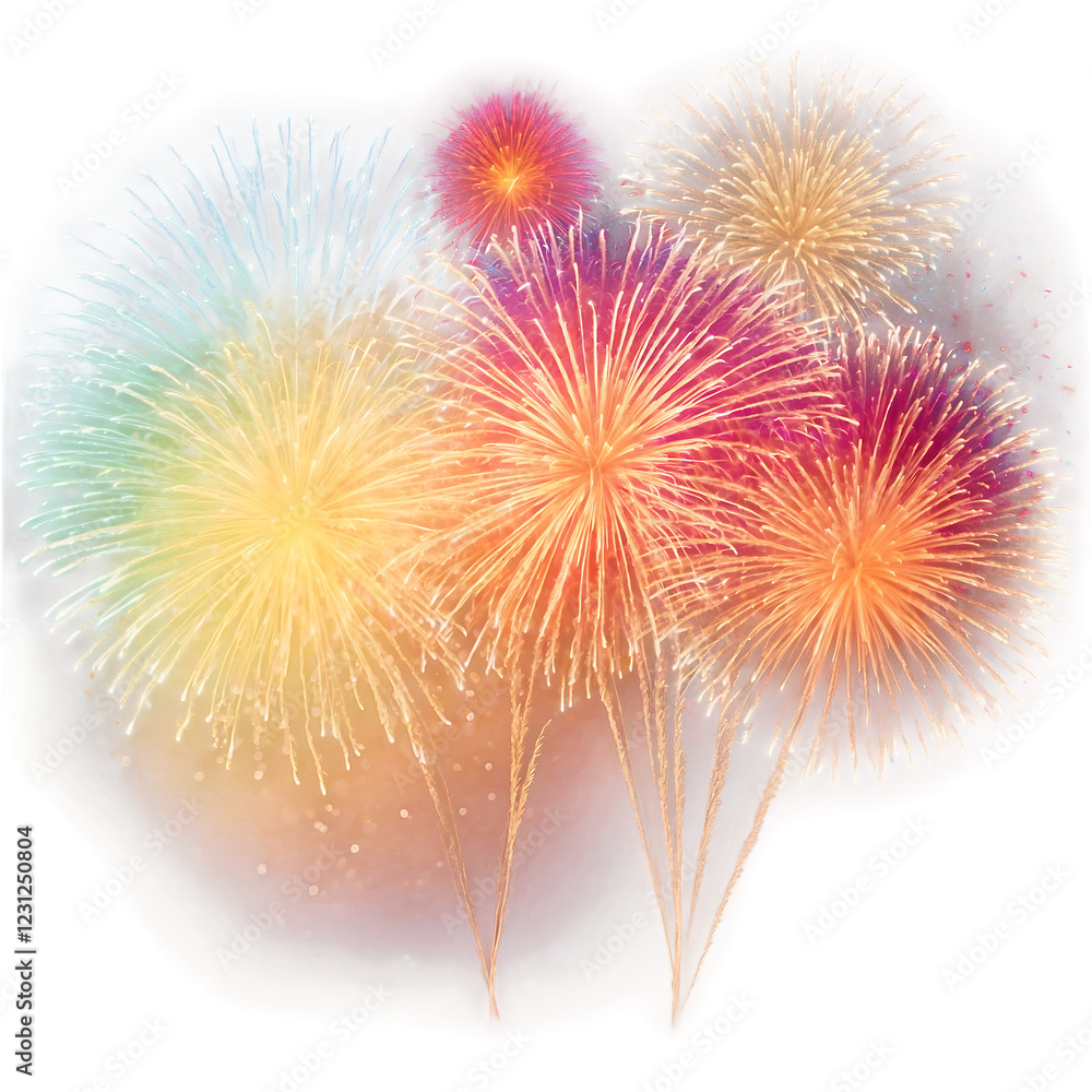 Fototapeta premium Fireworks explosion in vibrant colors creating a festive display isolated on a clean PNG background, featuring bright bursts of light and dynamic patterns, ideal for celebration-themed designs, event 