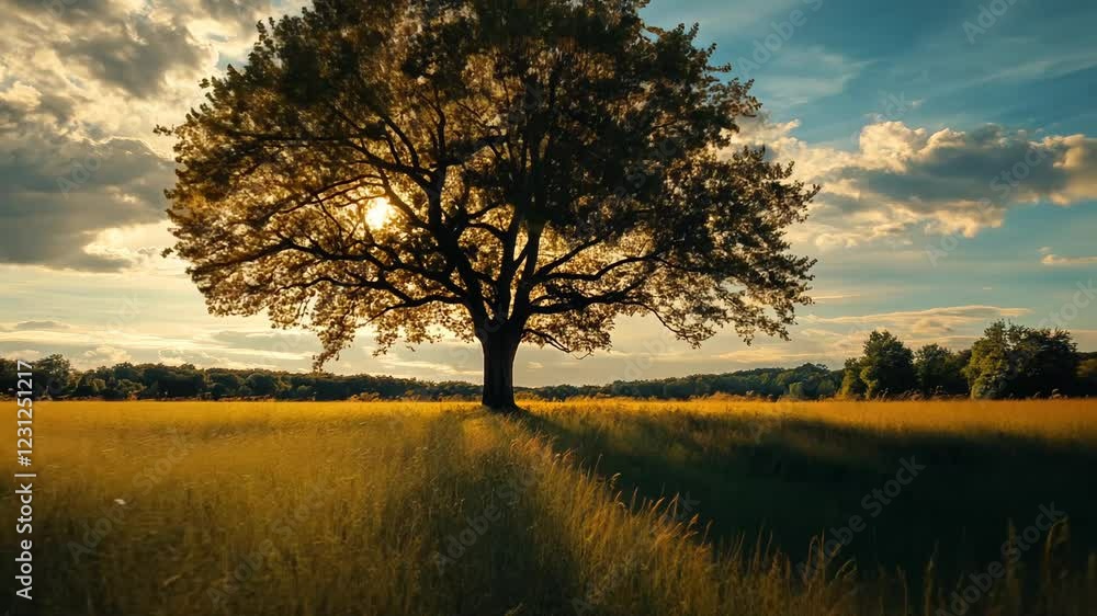 Solitary tree in golden field at sunset. Solitary tree in golden field at sunset.