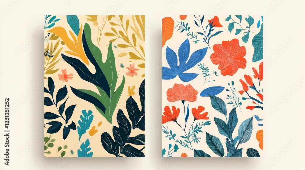 108.A collection of seamless designs with wild botanical elements, one focusing on minimalist line art and the other emphasizing vibrant colors and organic forms. 108.A collection of seamless designs with wild botanical elements, one focusing on minimalist line art and the other emphasizing vibrant colors and organic forms.
