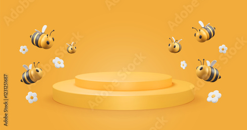 3D Podium with bee and flowers on yellow background. Beekeeping banner. Promotional template with pedestal for product, sale offer. Vector illustration. Cartoon insects render, plasticine chamomiles