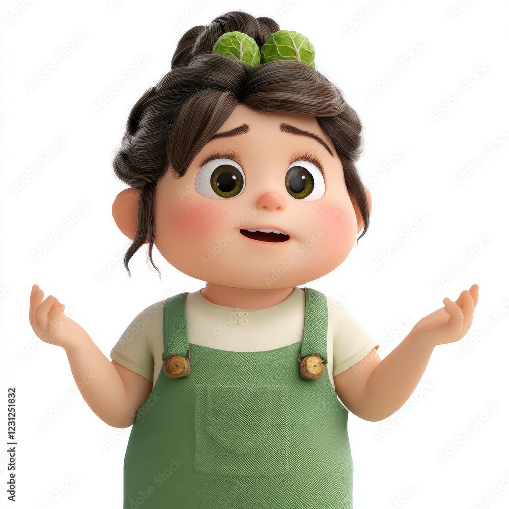 Adorable cartoon girl with brussels sprouts in her hair, looking inquisitive and playful. Adorable cartoon girl with brussels sprouts in her hair, looking inquisitive and playful.