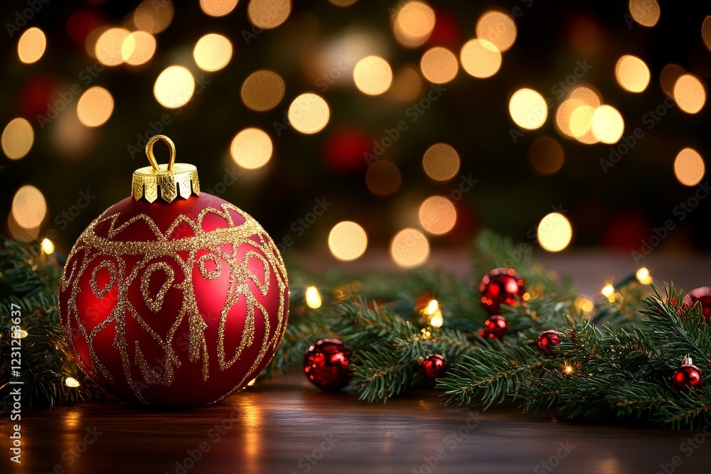 Red Christmas Ornament with Gold Design and Blurred Lights Background Red Christmas Ornament with Gold Design and Blurred Lights Background