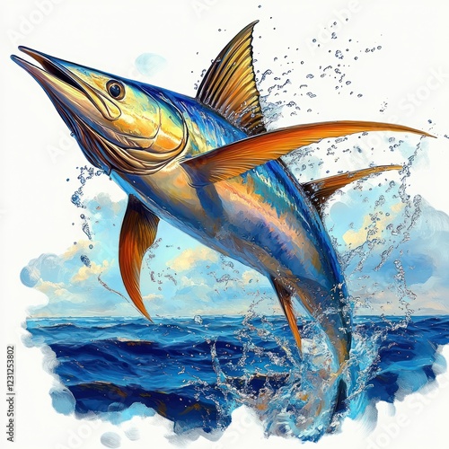 Majestic Marlin Leaping Out of Ocean in Hyper-Realistic Style with Vivid Colors and Dramatic Lighting photo