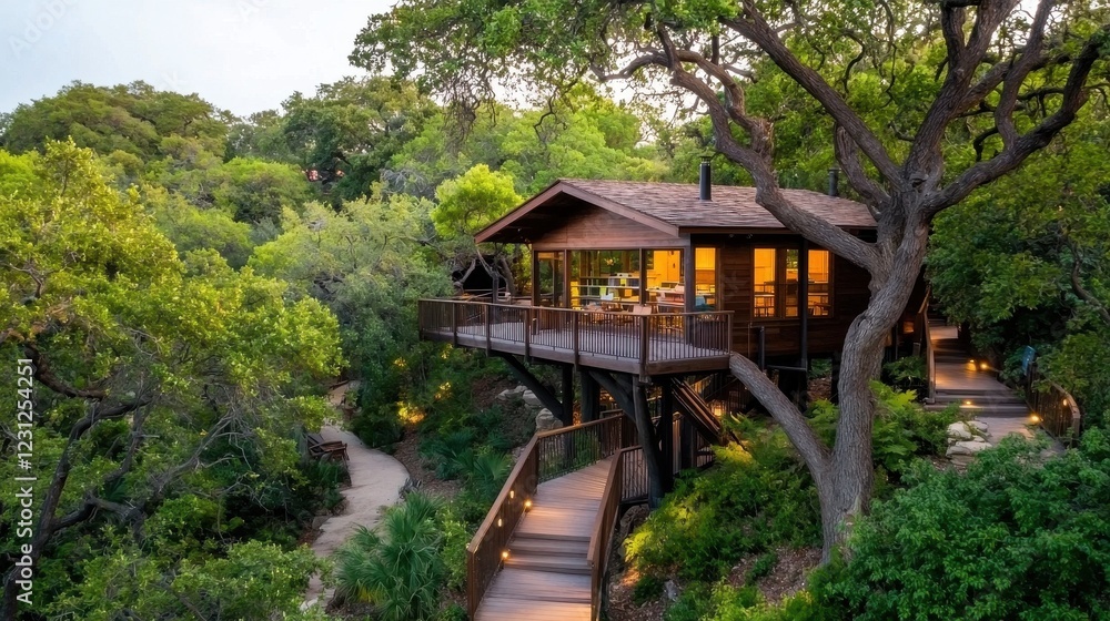 Cozy Wooden House Surrounded by Lush Green Nature Landscape Cozy Wooden House Surrounded by Lush Green Nature Landscape