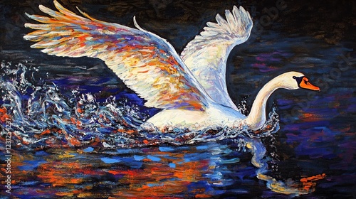 Fototapeta Naklejka Na Ścianę i Meble -  Majestic swan taking flight from dark water, vibrant painting