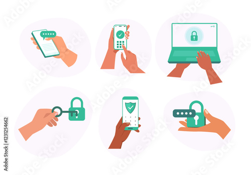 characters holding smartphone laptop typing two factor authentication code pin verify security access vector illustration safety