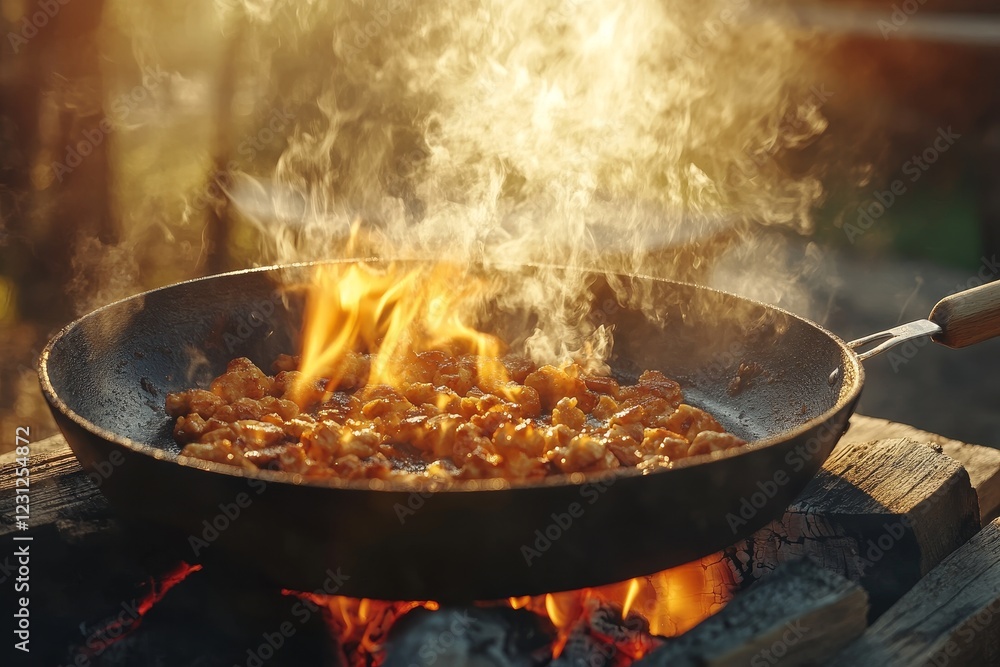 Sizzling Meat Cooking Over Open Flame with Smoke and Flames