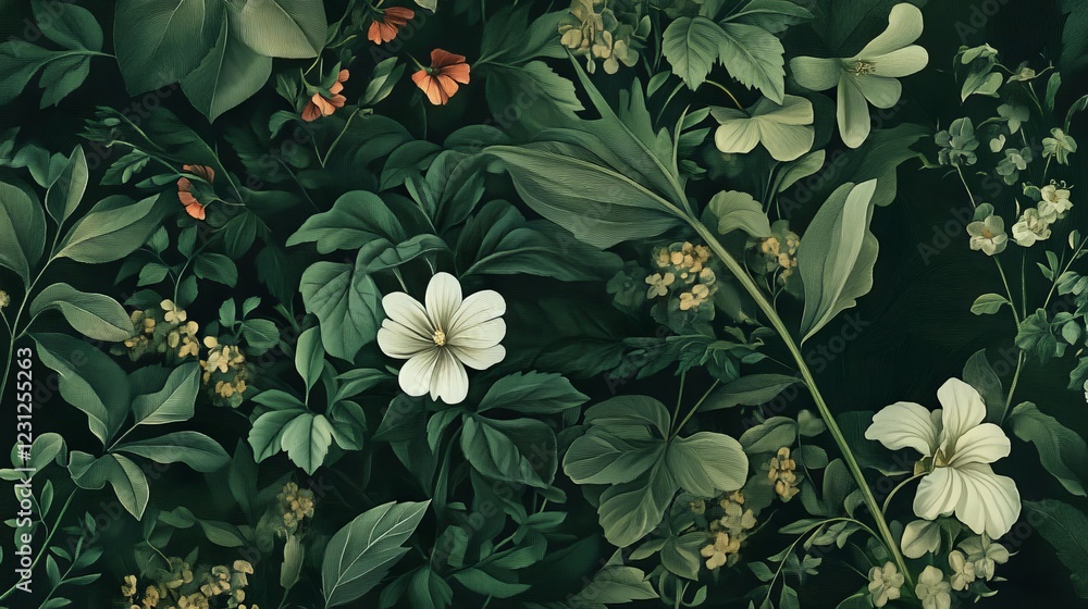 82.A botanical-themed seamless background featuring a mix of elegant wildflowers and lush greenery, illustrated with precise lines and subtle shading. 82.A botanical-themed seamless background featuring a mix of elegant wildflowers and lush greenery, illustrated with precise lines and subtle shading.
