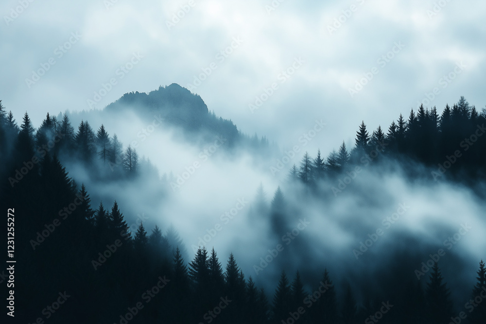 Fototapeta premium Misty mountain peaks rising above dense fog, creating a mystical atmosphere with copy space.