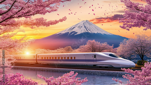 A bullet train gliding effortlessly along tracks surrounded by sakura trees in full bloom, with a mountain backdrop and petals drifting in the breeze