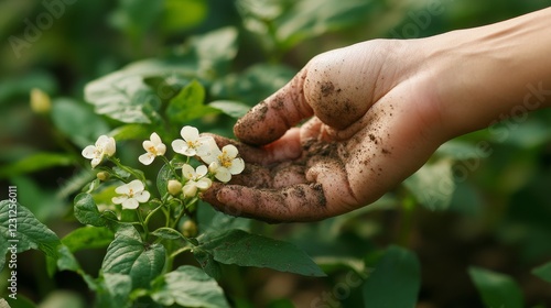 57.A close-up shot of a hand with dirt-speckled fingers gently touching the tiny blooms of a potato plant, highlighting the intricate details of the petals amidst lush greenery. photo