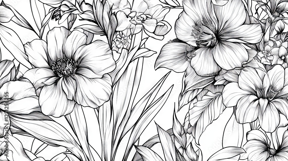 84.A sophisticated seamless pattern of wild garden flowers and exotic plants, created with detailed line art and balanced compositions for modern fashion and fabric designs. 84.A sophisticated seamless pattern of wild garden flowers and exotic plants, created with detailed line art and balanced compositions for modern fashion and fabric designs.