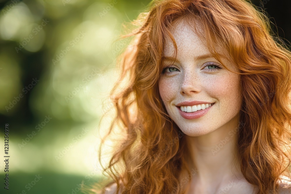 portrait of a happy woman with curly red hair enjoying nature in summer portrait of a happy woman with curly red hair enjoying nature in summer
