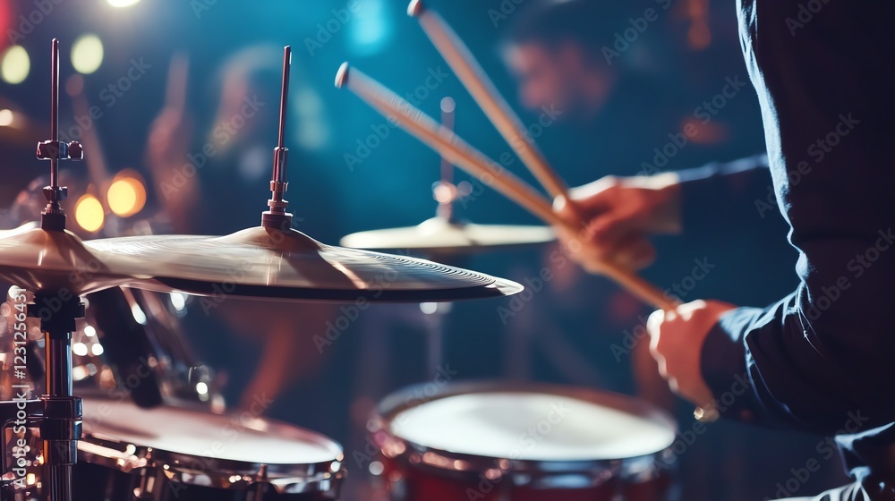 Naklejka premium Energetic drummer performing at live concert.