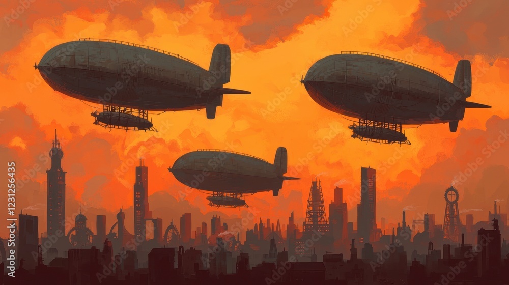 Fototapeta premium Vintage Airships Gliding Over a Surreal Urban Sunset Landscape