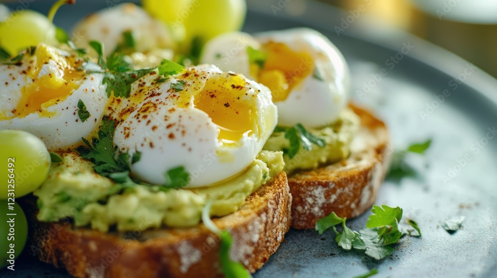 A plate of toast topped with avocado, boiled eggs, sprinkled with herbs, along with green grapes for a refreshing touch. A plate of toast topped with avocado, boiled eggs, sprinkled with herbs, along with green grapes for a refreshing touch.