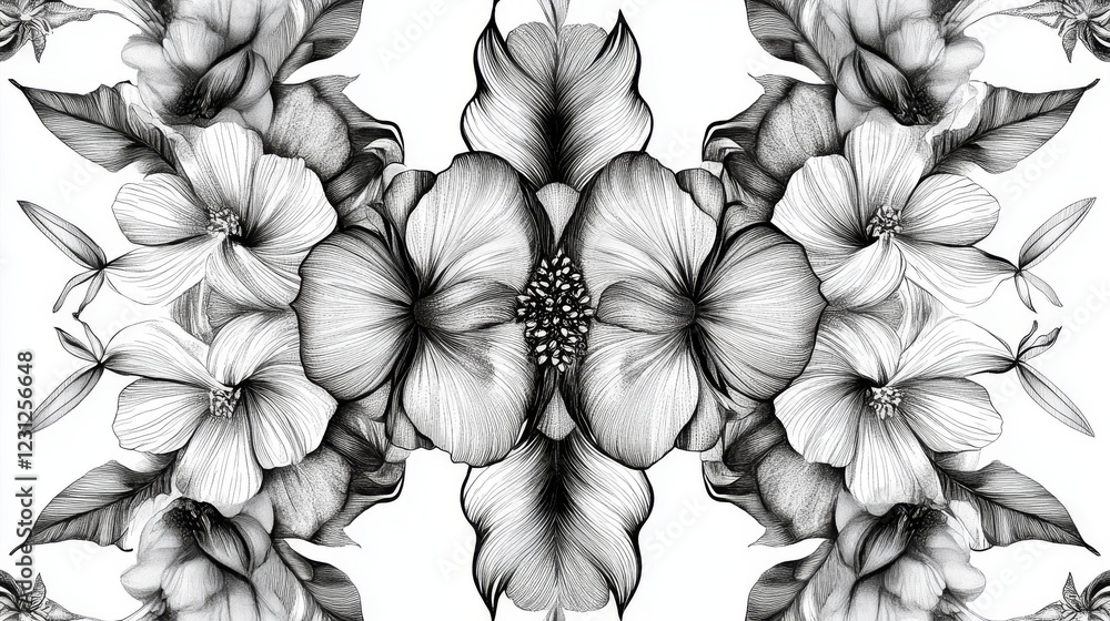 72.A trendy summer pattern showcasing flowing line art of exotic flowers and greenery, balanced with elegant symmetry and subtle geometric elements. 72.A trendy summer pattern showcasing flowing line art of exotic flowers and greenery, balanced with elegant symmetry and subtle geometric elements.